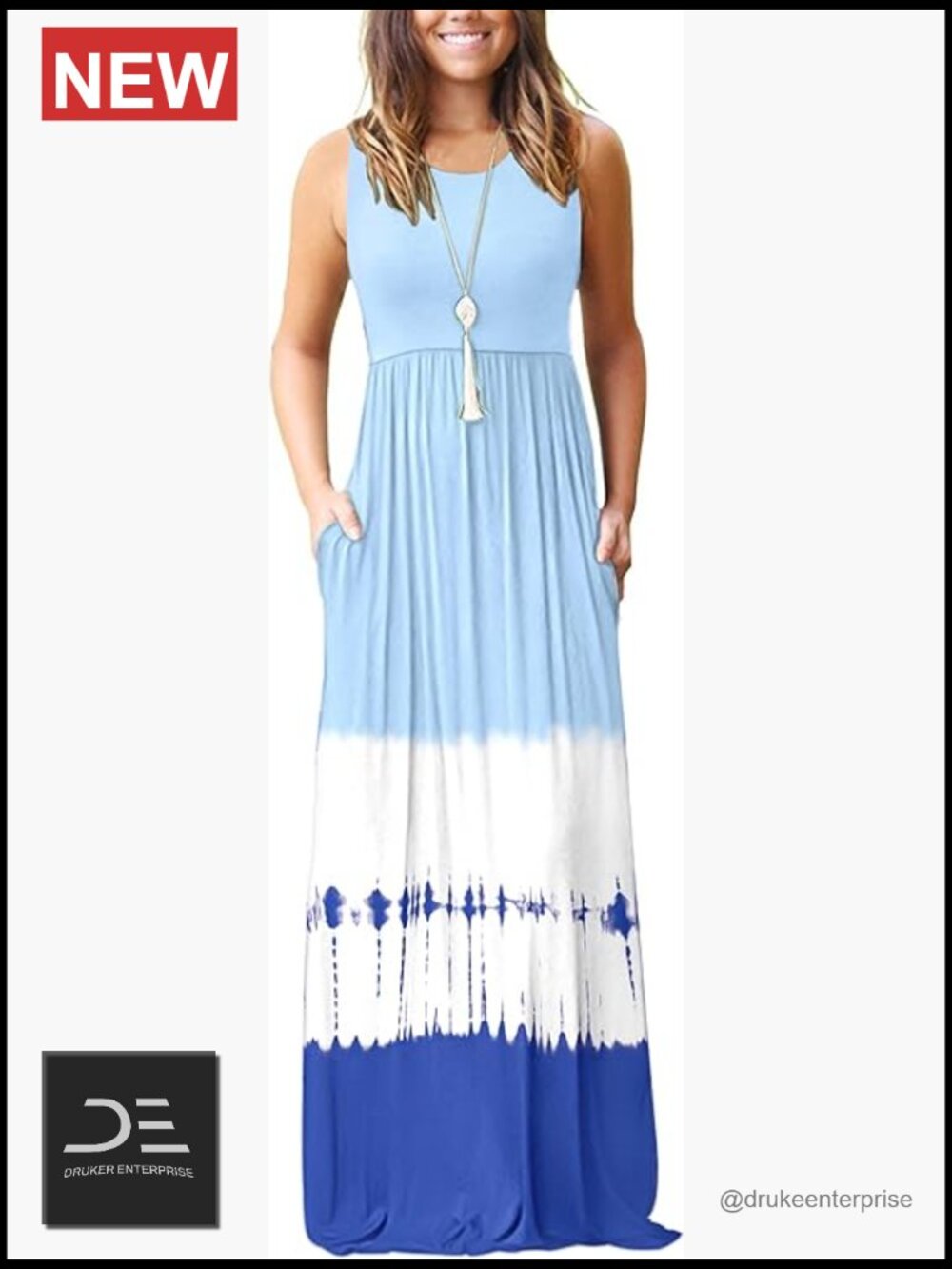 Sleeveless Maxi Dress with Pockets Crew Neck Pull On Style
